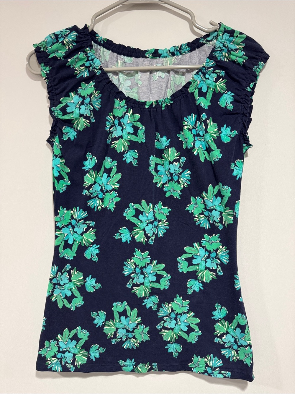LOFT Navy Sleeveless Top with Green Teal Floral Print
